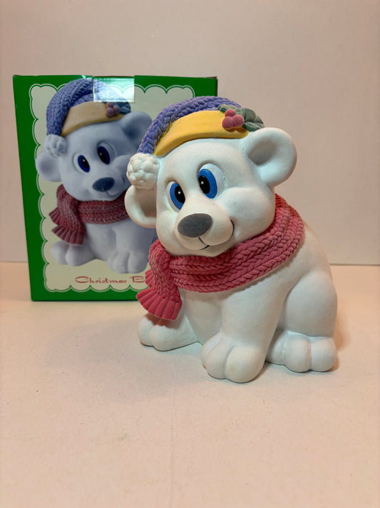 Vintage 1960's Polar Bear Christmas Bank Flocked Hand Painted