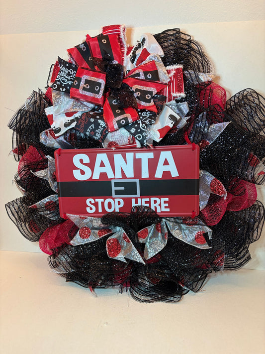 Santa Stop Here” 24" Holiday Mesh Wreath